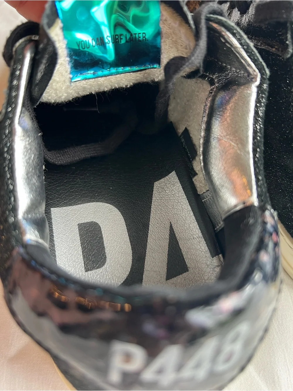 P448 Black Glitter Sneakers with Blue Iridescent Tongue size EU 36 or US 6